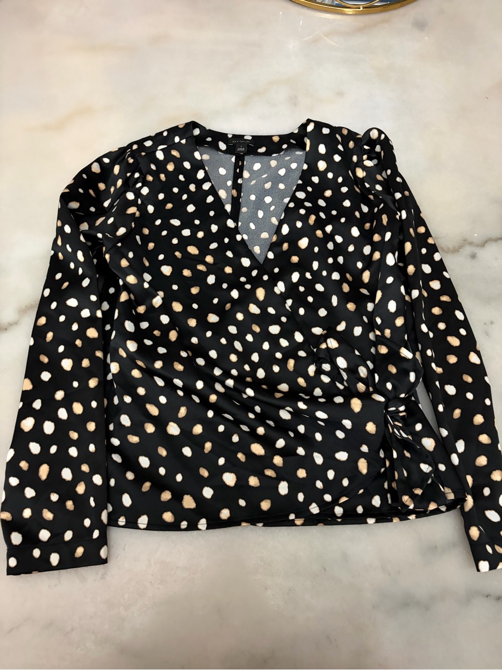 Ann Taylor Black Wrap Blouse with Cream Spot Print